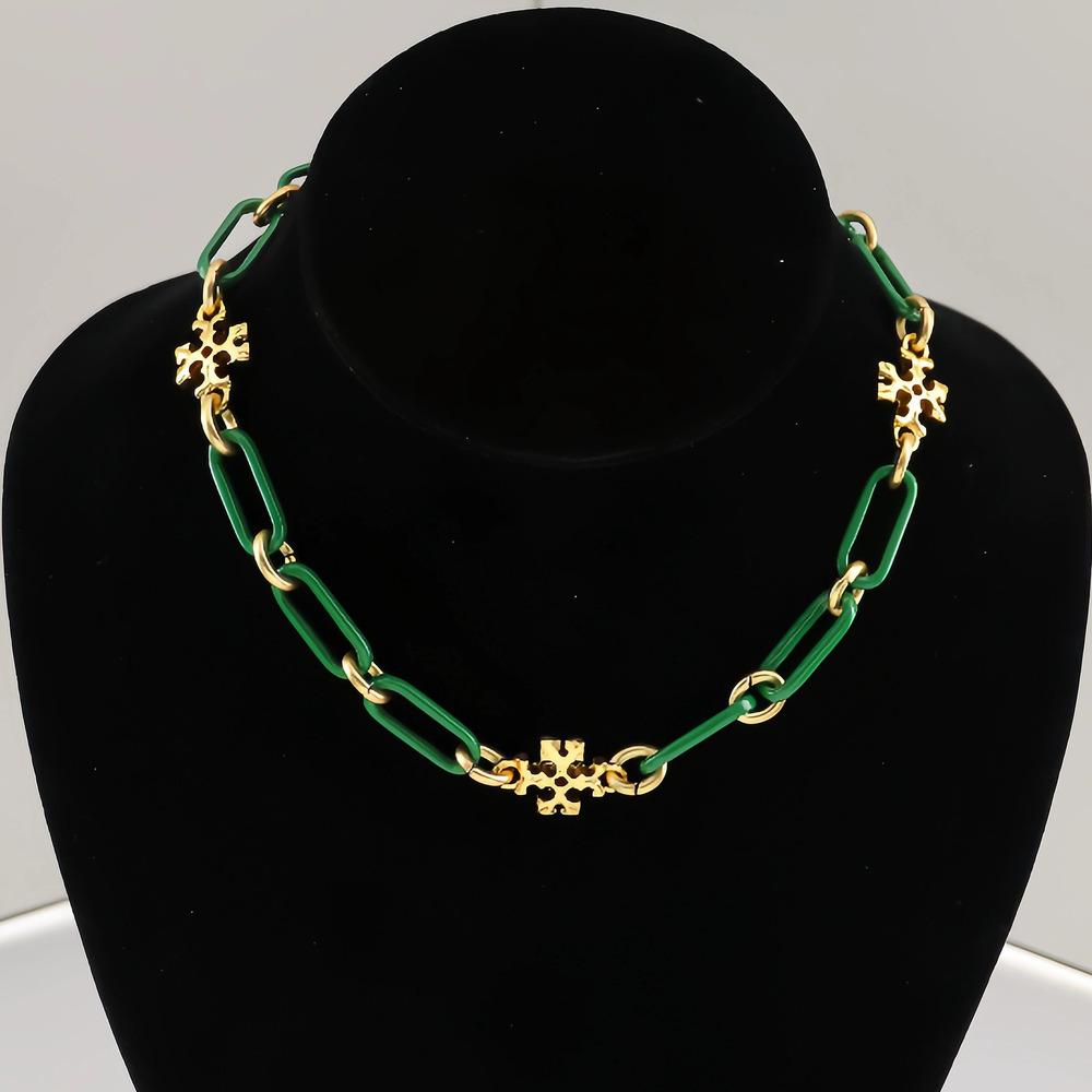 Tory Burch Classic Vintage Gold Green Enamel Chain Necklace Bracelet Set